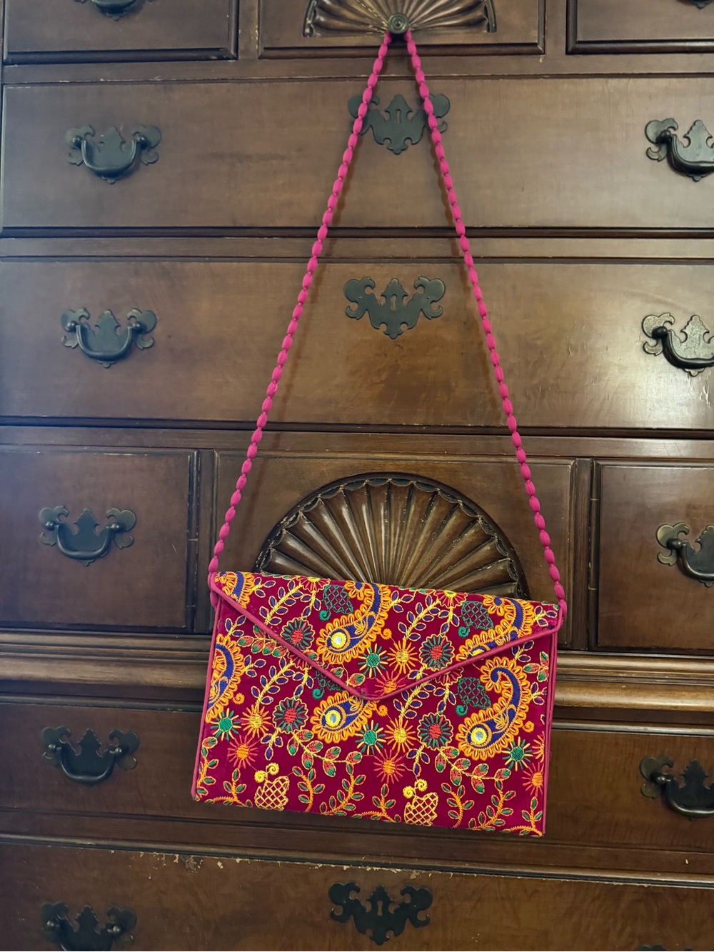 Embroidered Magenta Envelope Clutch with Braided Strap